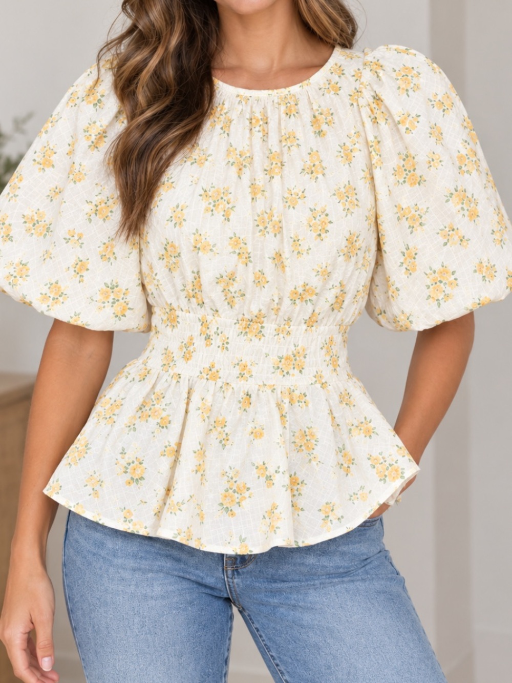 ASTR the Label - Crew Neck Puff Sleeve Peplum Top - Cut Out Back -NWT - Size XS